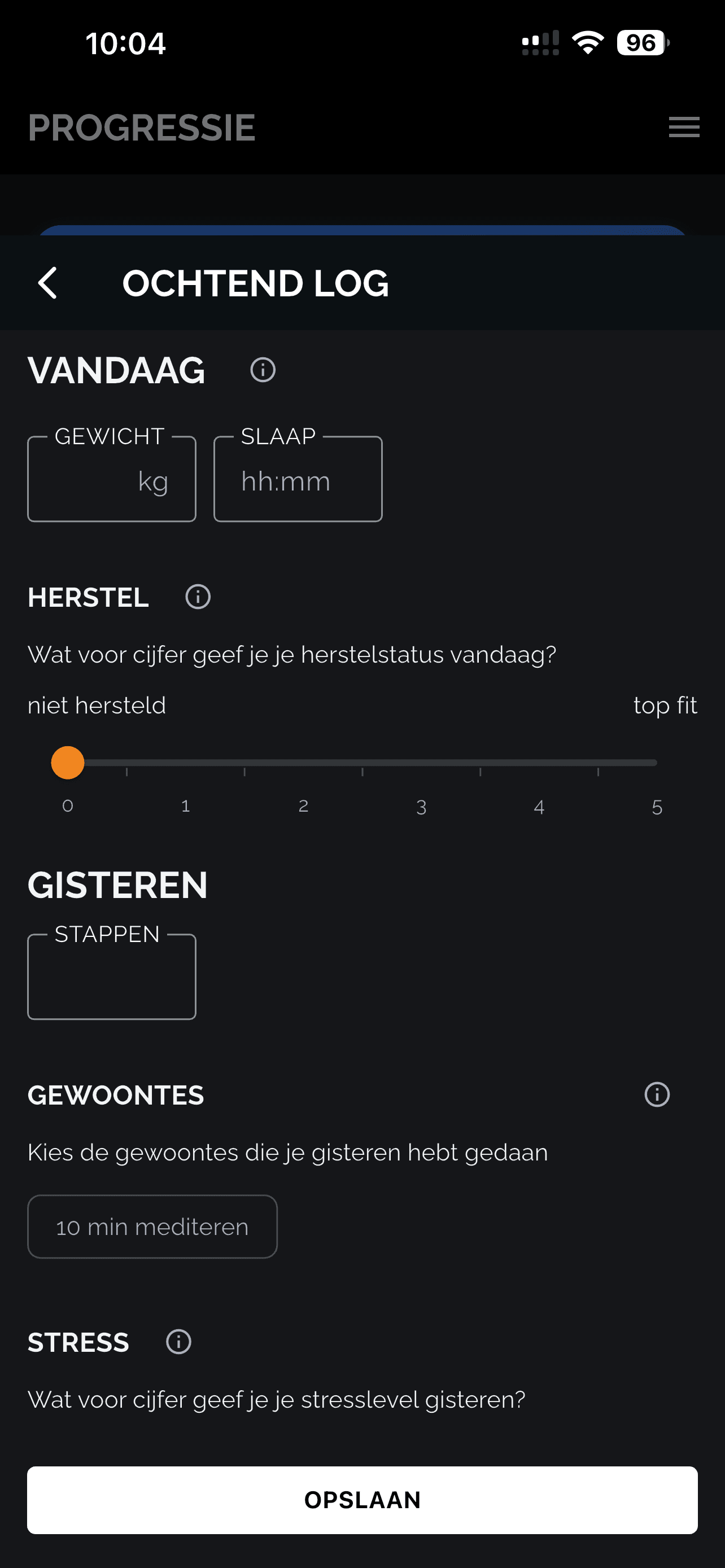 Gainz morning log: gewicht, slaap, herstel en stress