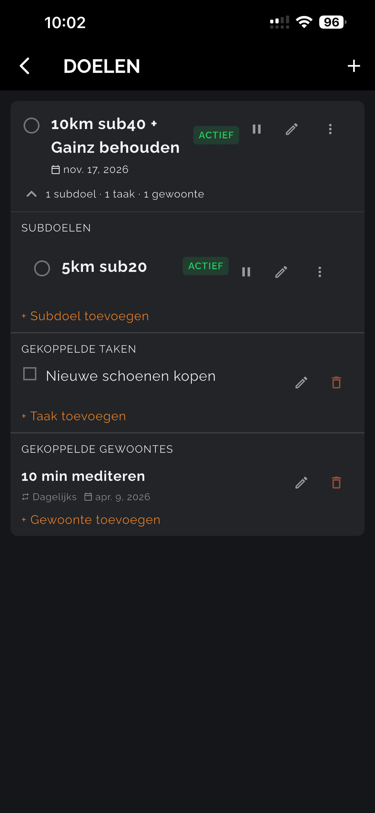 Gainz doelen overzicht met subdoelen en voortgang